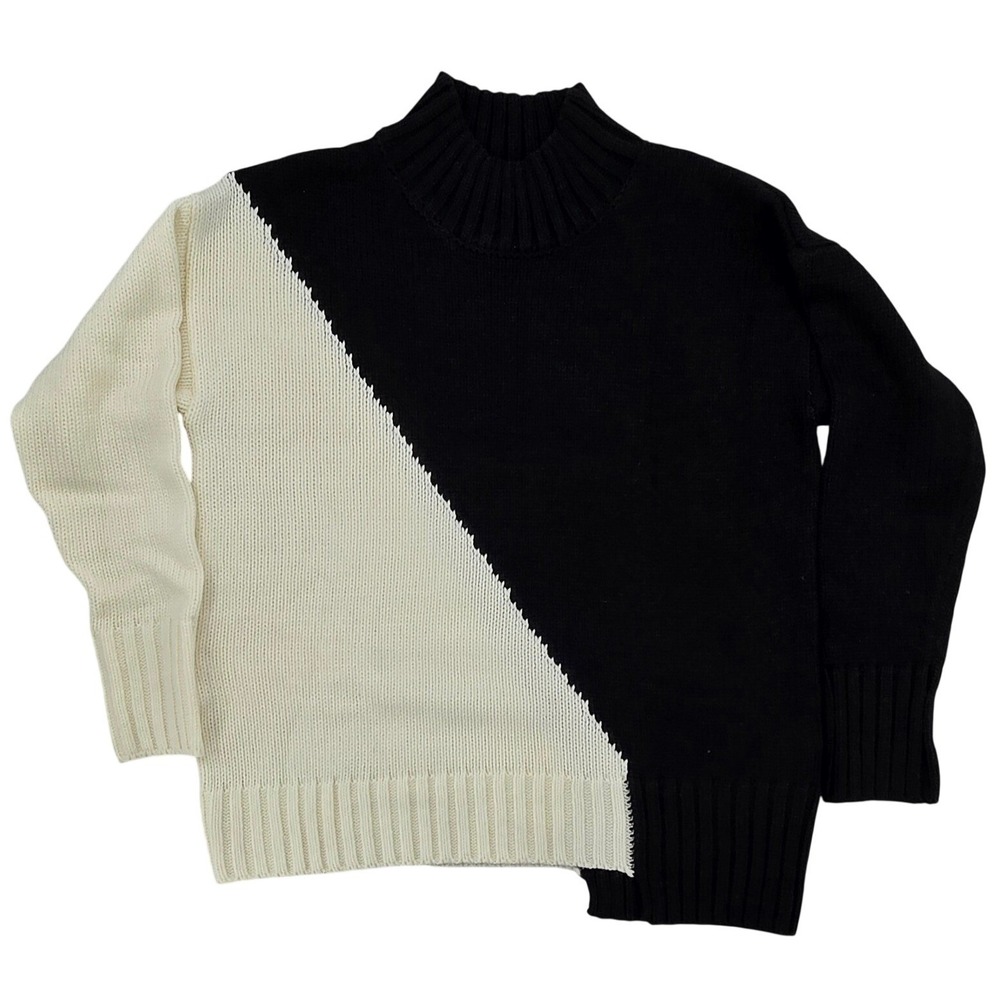 Macaron Women XL‎ Colorblock Mock Neck Soft Black White Cozy Oversized Sweater